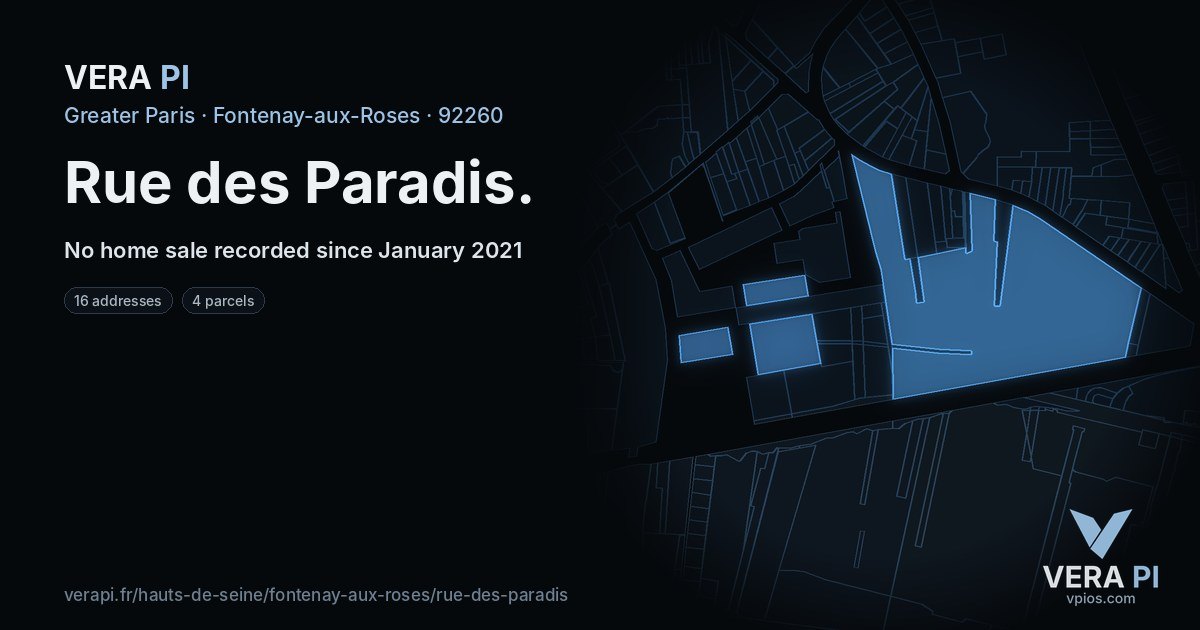Rue des Paradis, Fontenay-aux-Roses at night – every parcel coloured by the prices around it, the street's own parcels lit