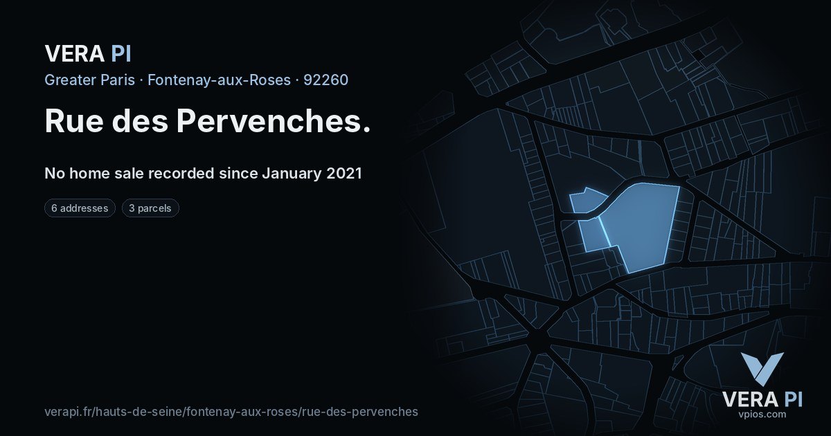 Rue des Pervenches, Fontenay-aux-Roses at night – every parcel coloured by the prices around it, the street's own parcels lit