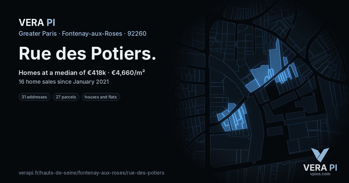 Rue des Potiers, Fontenay-aux-Roses at night – every parcel coloured by the prices around it, the street's own parcels lit