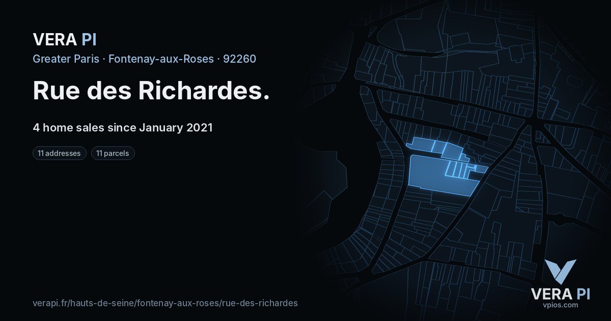 Rue des Richardes, Fontenay-aux-Roses at night – every parcel coloured by the prices around it, the street's own parcels lit