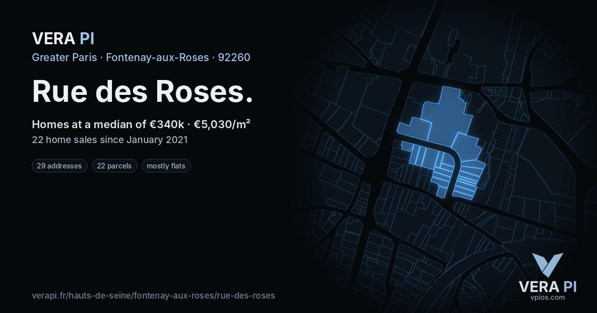 Rue des Roses, Fontenay-aux-Roses at night – every parcel coloured by the prices around it, the street's own parcels lit