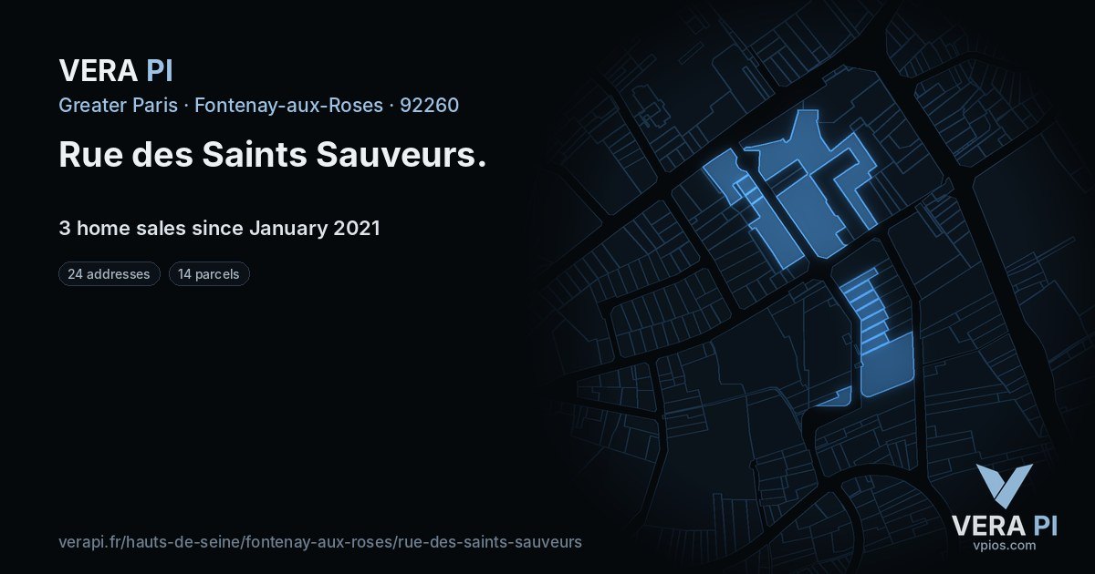 Rue des Saints Sauveurs, Fontenay-aux-Roses at night – every parcel coloured by the prices around it, the street's own parcels lit