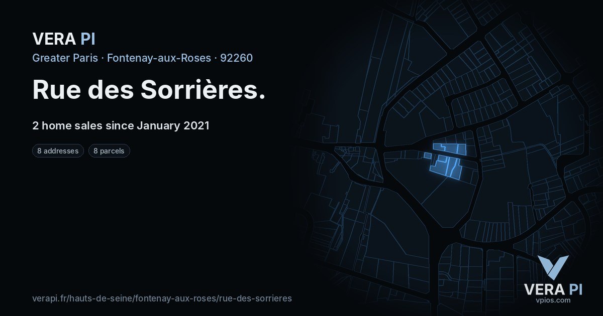 Rue des Sorrières, Fontenay-aux-Roses at night – every parcel coloured by the prices around it, the street's own parcels lit