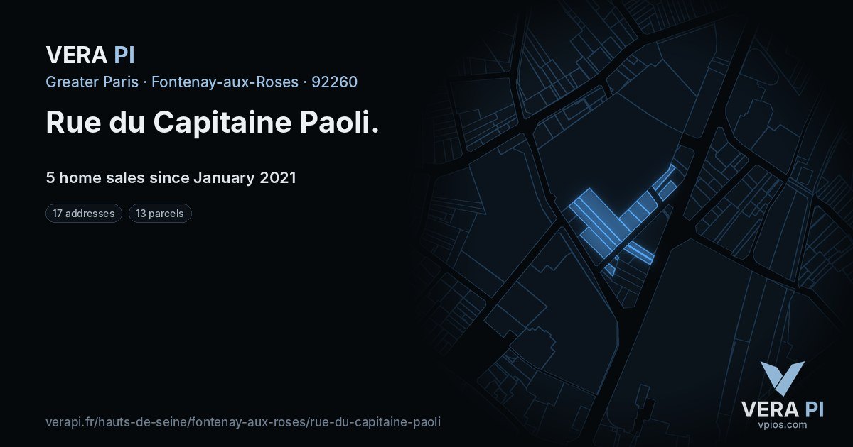 Rue du Capitaine Paoli, Fontenay-aux-Roses at night – every parcel coloured by the prices around it, the street's own parcels lit