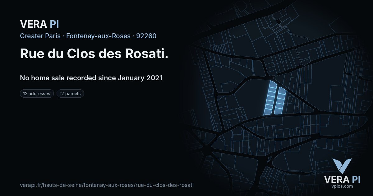 Rue du Clos des Rosati, Fontenay-aux-Roses at night – every parcel coloured by the prices around it, the street's own parcels lit