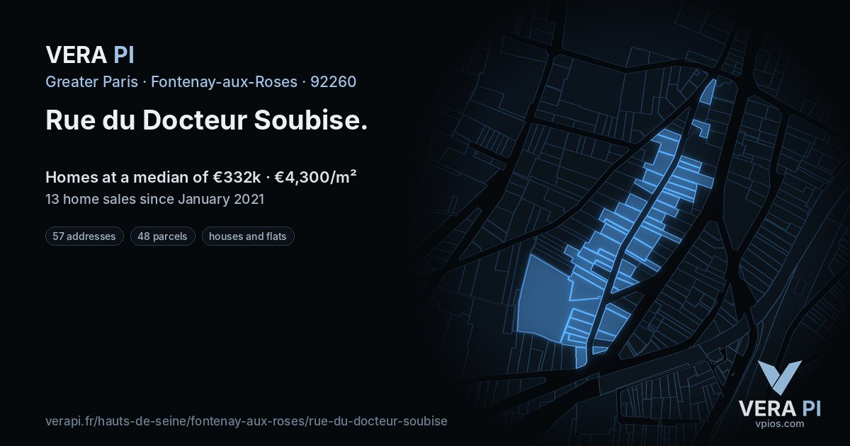Rue du Docteur Soubise, Fontenay-aux-Roses at night – every parcel coloured by the prices around it, the street's own parcels lit