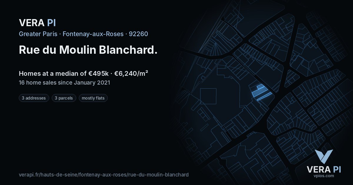 Rue du Moulin Blanchard, Fontenay-aux-Roses at night – every parcel coloured by the prices around it, the street's own parcels lit