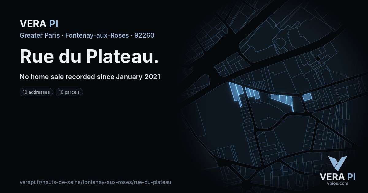Rue du Plateau, Fontenay-aux-Roses at night – every parcel coloured by the prices around it, the street's own parcels lit