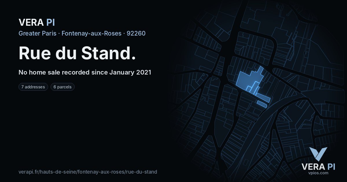 Rue du Stand, Fontenay-aux-Roses at night – every parcel coloured by the prices around it, the street's own parcels lit
