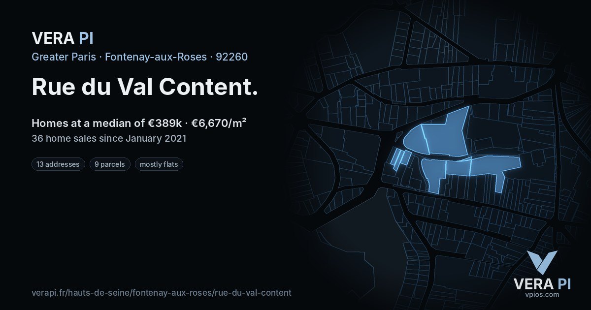 Rue du Val Content, Fontenay-aux-Roses at night – every parcel coloured by the prices around it, the street's own parcels lit