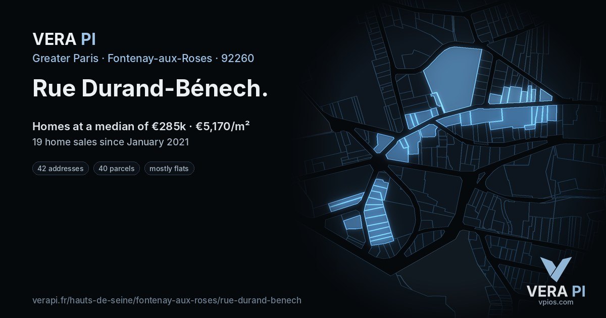 Rue Durand-Bénech, Fontenay-aux-Roses at night – every parcel coloured by the prices around it, the street's own parcels lit