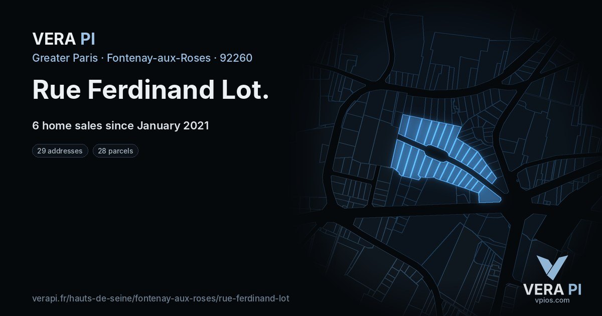 Rue Ferdinand Lot, Fontenay-aux-Roses at night – every parcel coloured by the prices around it, the street's own parcels lit