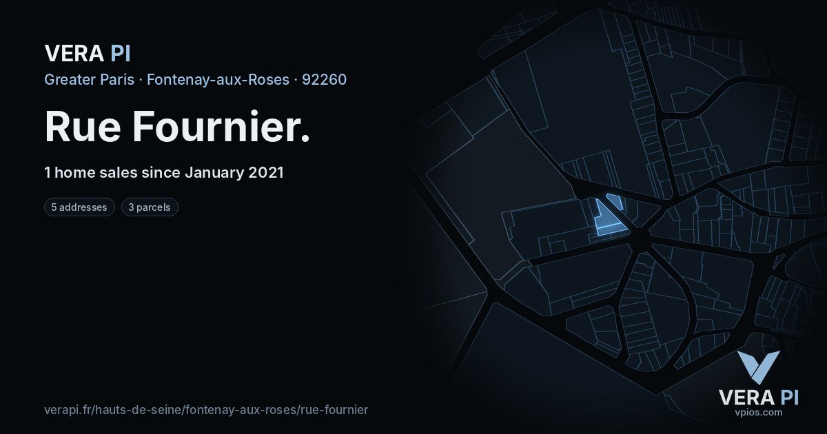 Rue Fournier, Fontenay-aux-Roses at night – every parcel coloured by the prices around it, the street's own parcels lit
