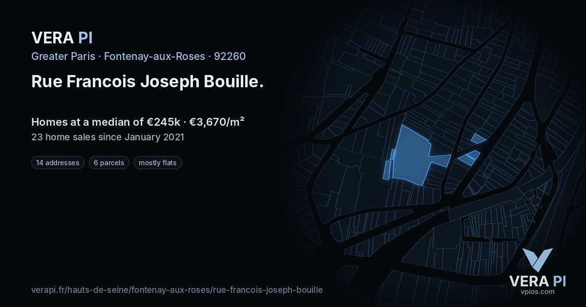Rue Francois Joseph Bouille, Fontenay-aux-Roses at night – every parcel coloured by the prices around it, the street's own parcels lit