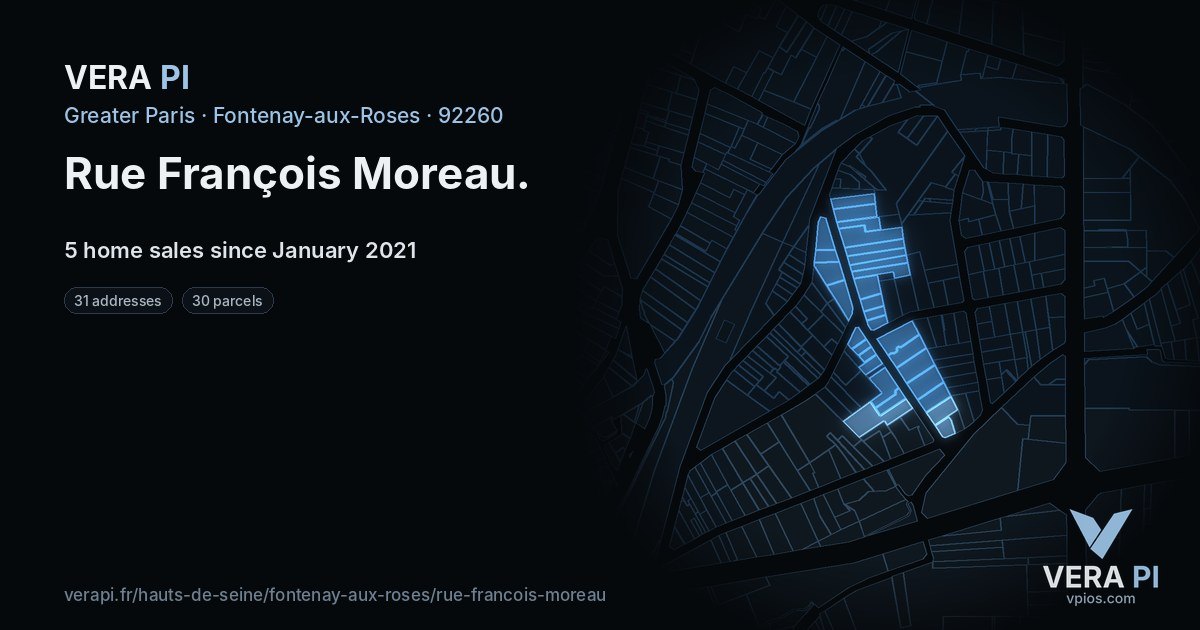 Rue François Moreau, Fontenay-aux-Roses at night – every parcel coloured by the prices around it, the street's own parcels lit