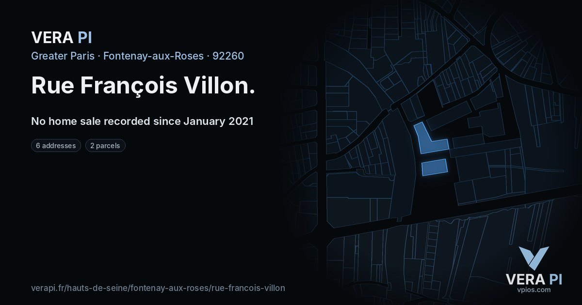 Rue François Villon, Fontenay-aux-Roses at night – every parcel coloured by the prices around it, the street's own parcels lit