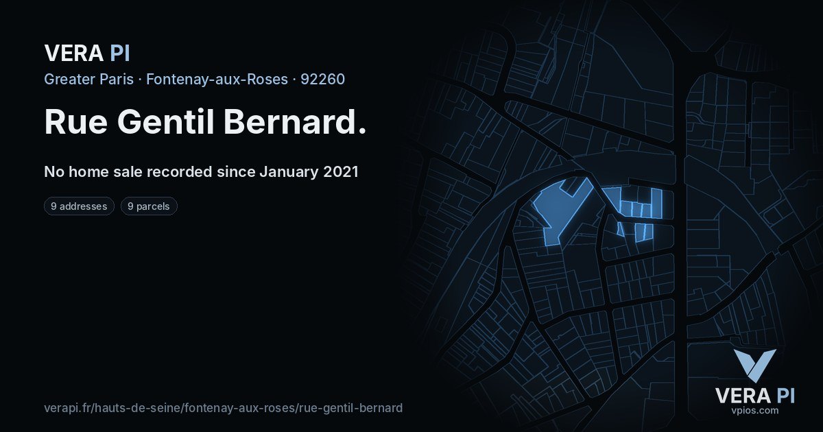 Rue Gentil Bernard, Fontenay-aux-Roses at night – every parcel coloured by the prices around it, the street's own parcels lit