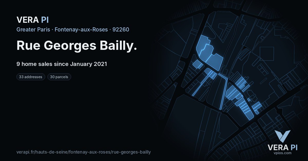 Rue Georges Bailly, Fontenay-aux-Roses at night – every parcel coloured by the prices around it, the street's own parcels lit