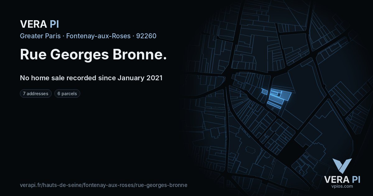 Rue Georges Bronne, Fontenay-aux-Roses at night – every parcel coloured by the prices around it, the street's own parcels lit