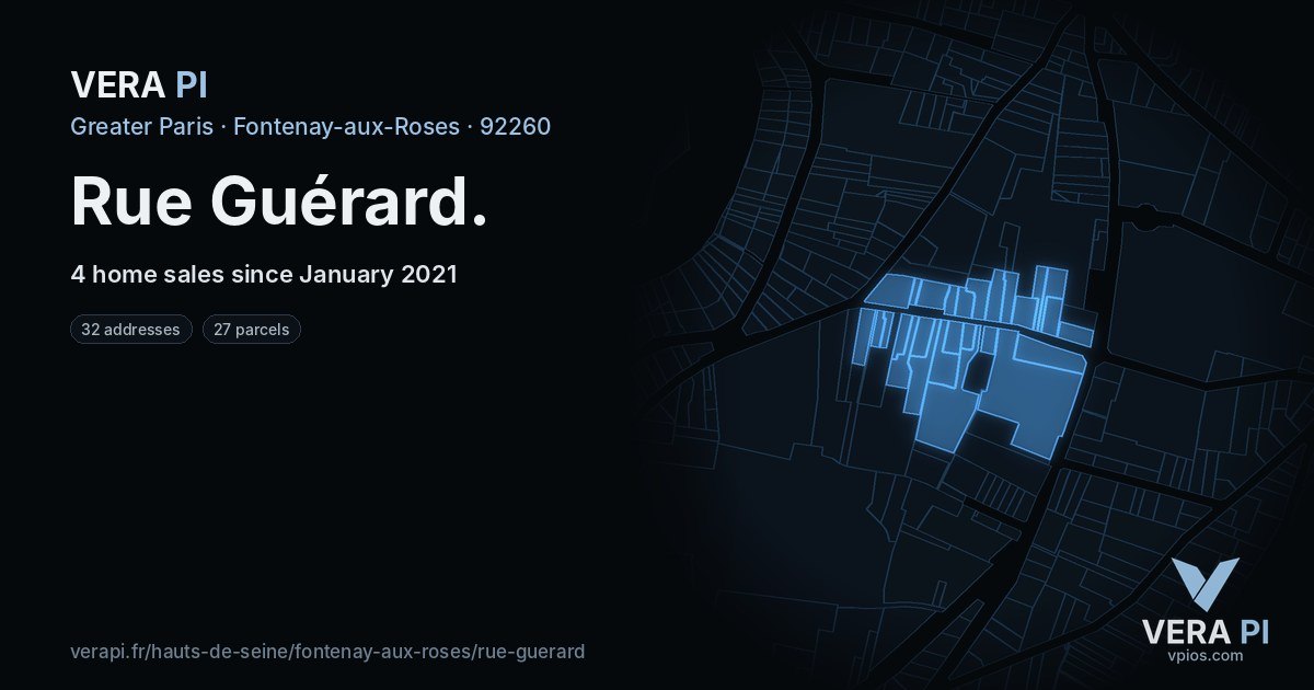 Rue Guérard, Fontenay-aux-Roses at night – every parcel coloured by the prices around it, the street's own parcels lit
