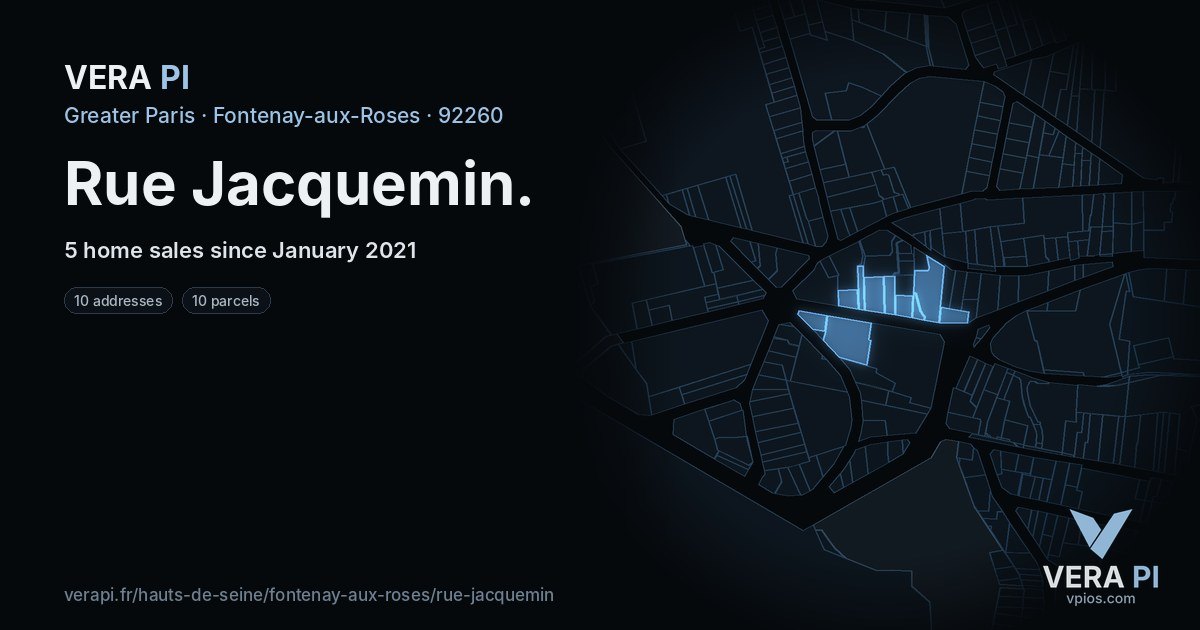 Rue Jacquemin, Fontenay-aux-Roses at night – every parcel coloured by the prices around it, the street's own parcels lit