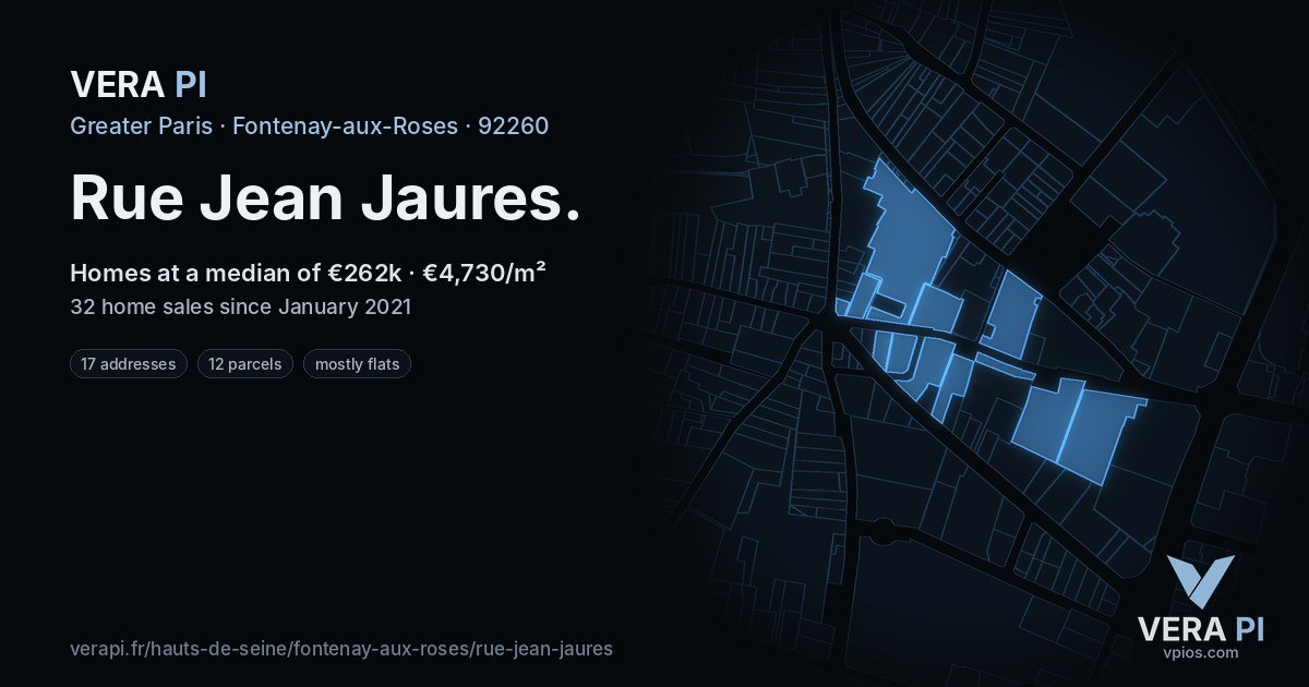 Rue Jean Jaures, Fontenay-aux-Roses at night – every parcel coloured by the prices around it, the street's own parcels lit