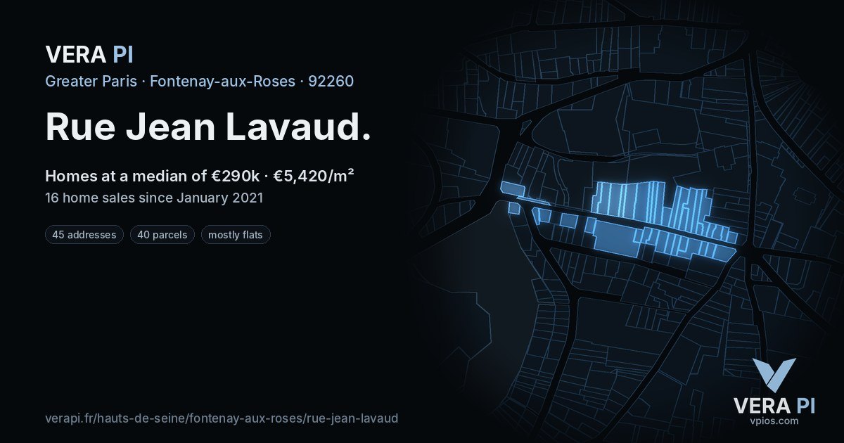 Rue Jean Lavaud, Fontenay-aux-Roses at night – every parcel coloured by the prices around it, the street's own parcels lit