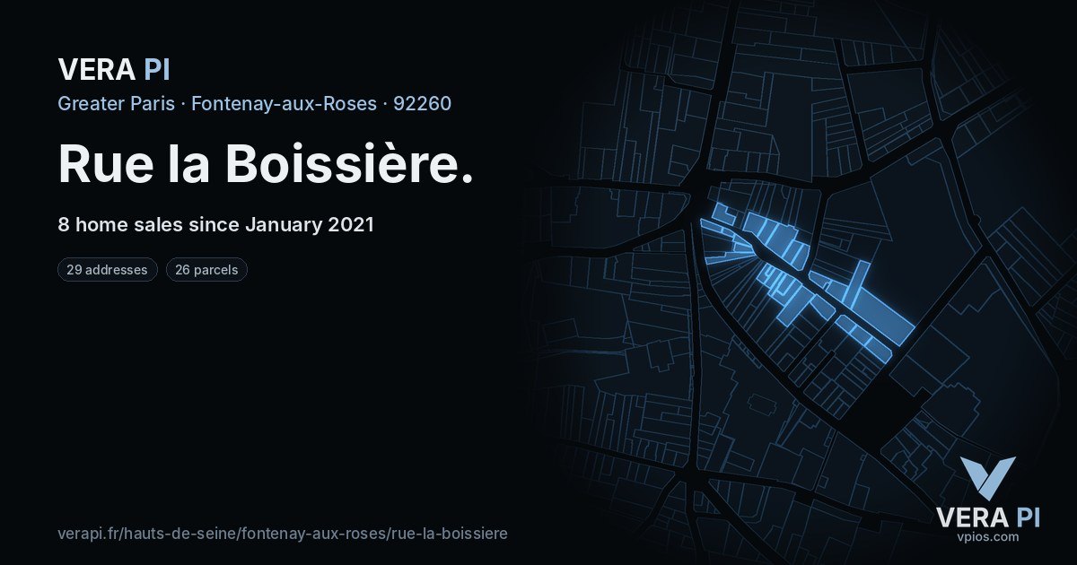 Rue la Boissière, Fontenay-aux-Roses at night – every parcel coloured by the prices around it, the street's own parcels lit