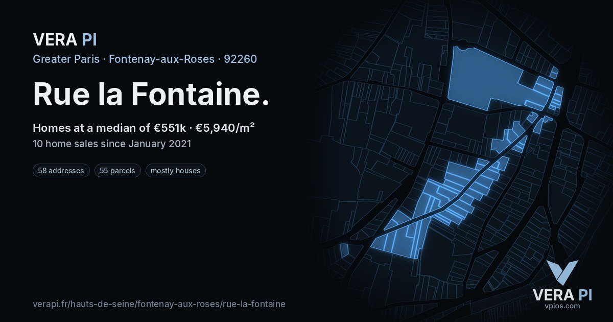 Rue la Fontaine, Fontenay-aux-Roses at night – every parcel coloured by the prices around it, the street's own parcels lit