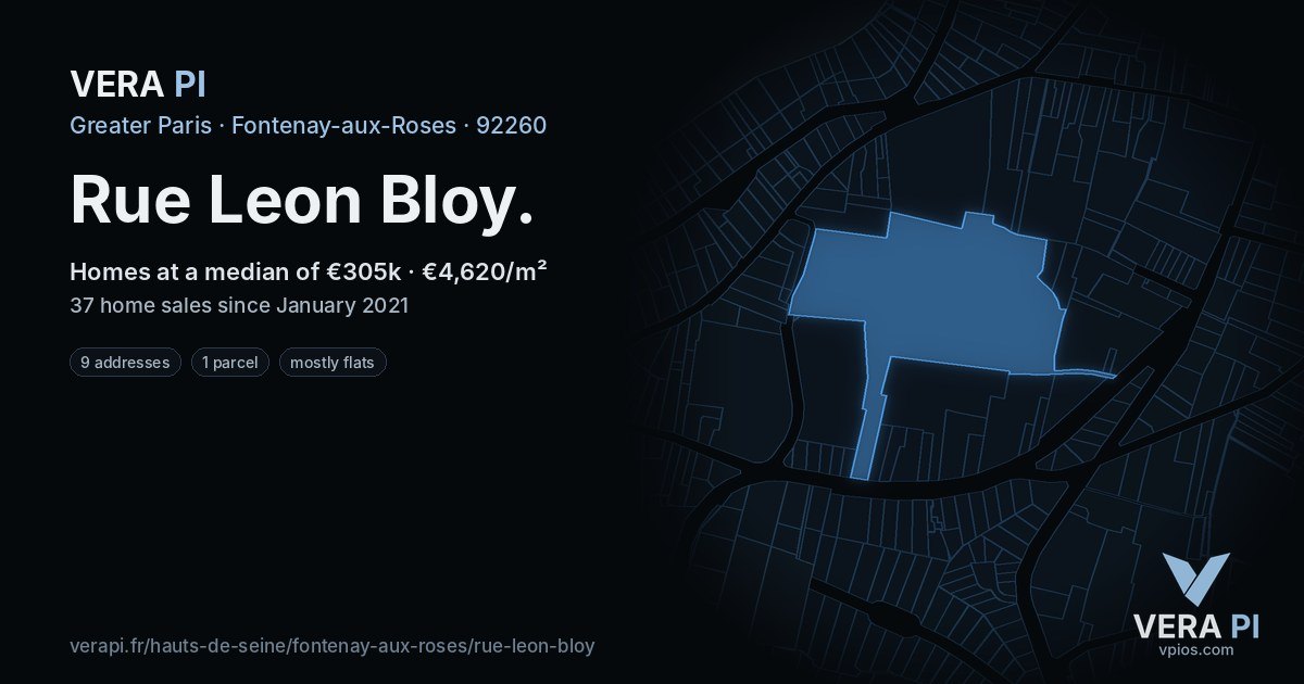 Rue Leon Bloy, Fontenay-aux-Roses at night – every parcel coloured by the prices around it, the street's own parcels lit