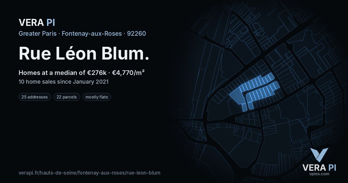 Rue Léon Blum, Fontenay-aux-Roses at night – every parcel coloured by the prices around it, the street's own parcels lit