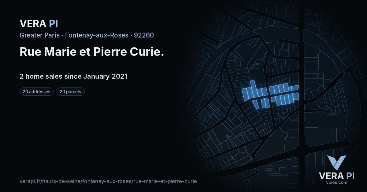 Rue Marie et Pierre Curie, Fontenay-aux-Roses at night – every parcel coloured by the prices around it, the street's own parcels lit