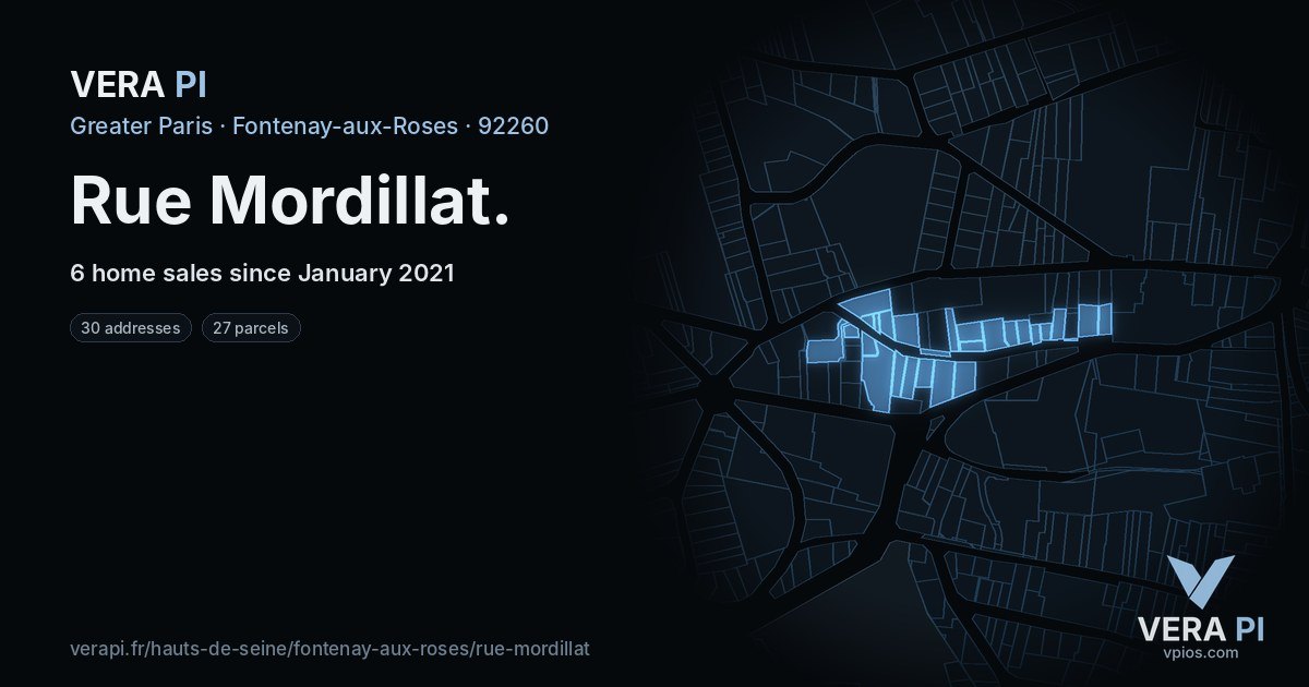Rue Mordillat, Fontenay-aux-Roses at night – every parcel coloured by the prices around it, the street's own parcels lit