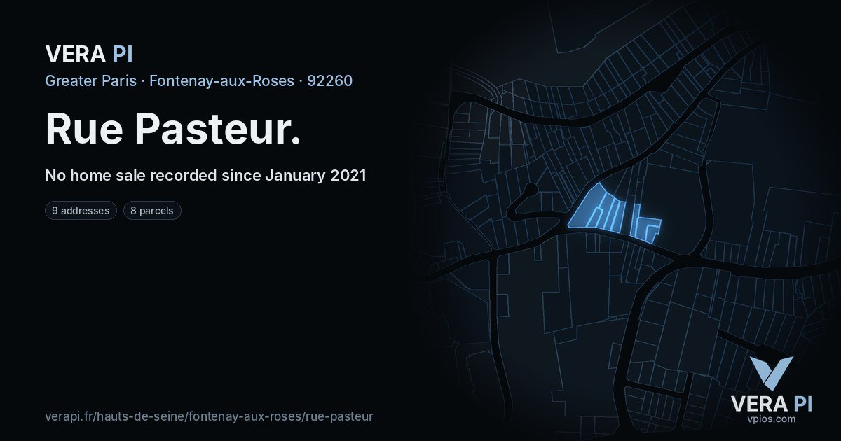Rue Pasteur, Fontenay-aux-Roses at night – every parcel coloured by the prices around it, the street's own parcels lit
