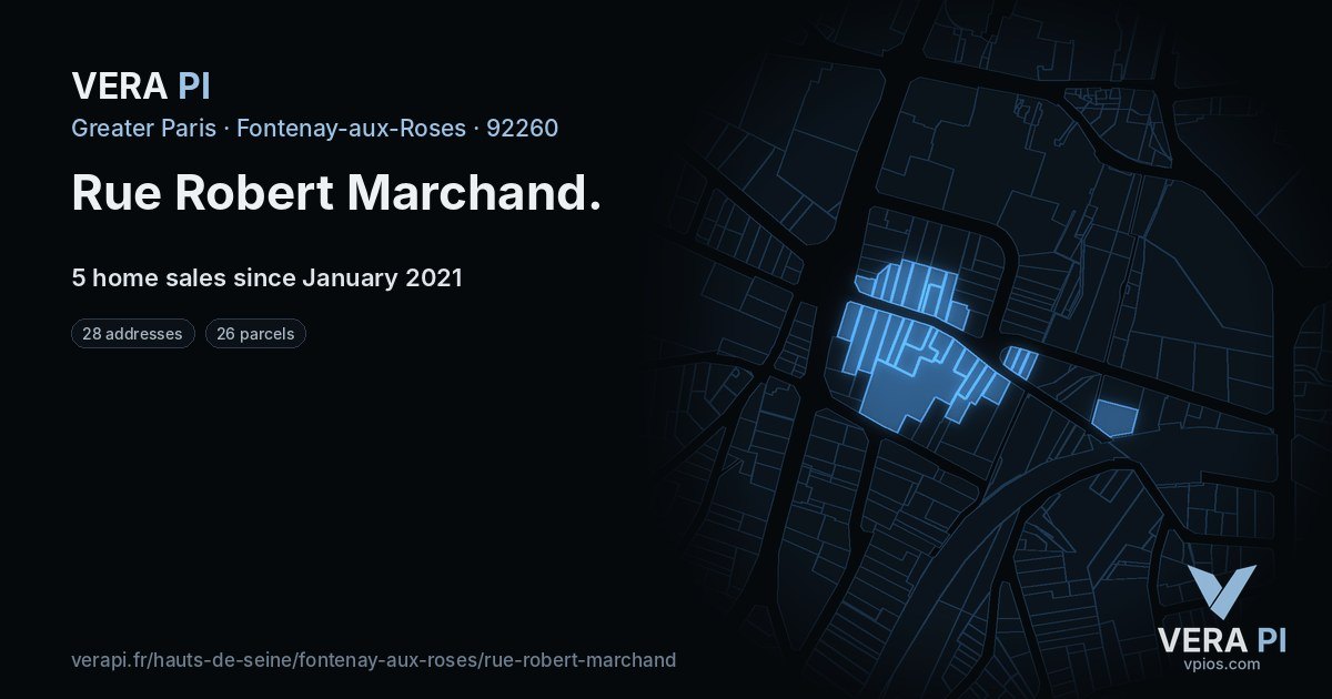 Rue Robert Marchand, Fontenay-aux-Roses at night – every parcel coloured by the prices around it, the street's own parcels lit