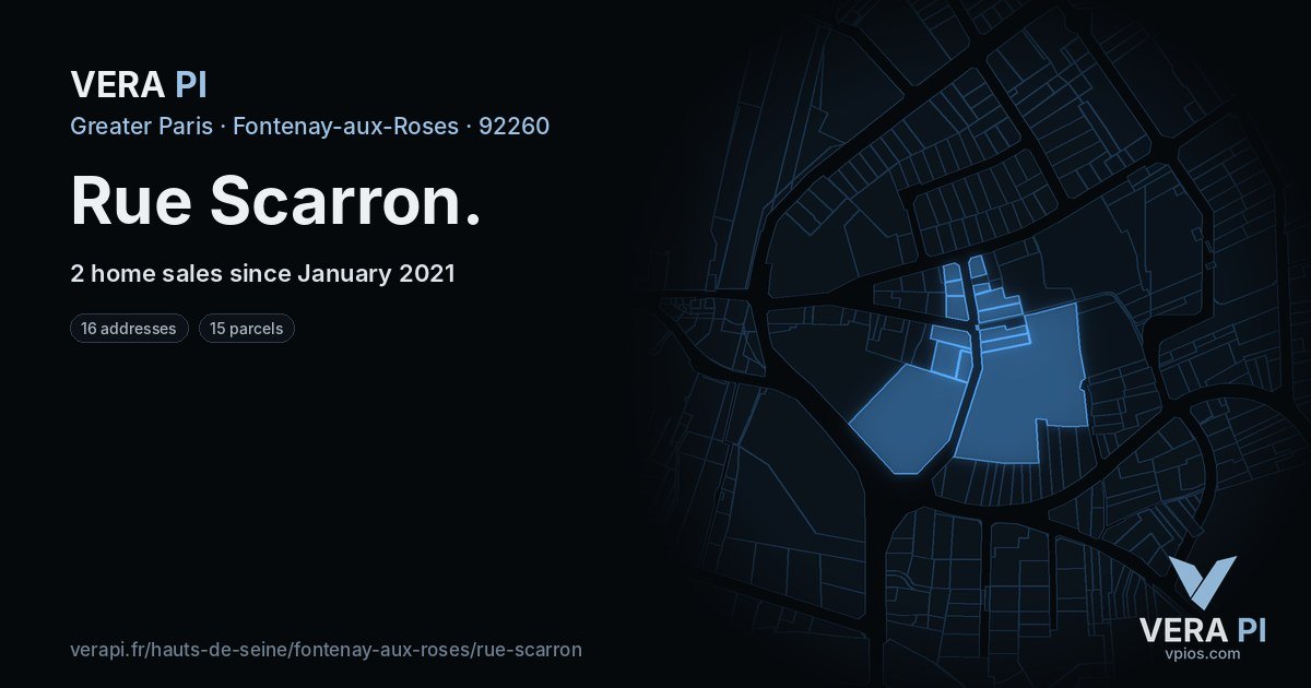 Rue Scarron, Fontenay-aux-Roses at night – every parcel coloured by the prices around it, the street's own parcels lit