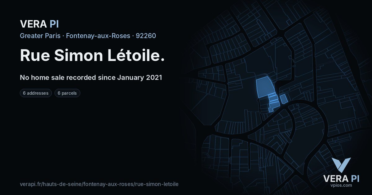 Rue Simon Létoile, Fontenay-aux-Roses at night – every parcel coloured by the prices around it, the street's own parcels lit