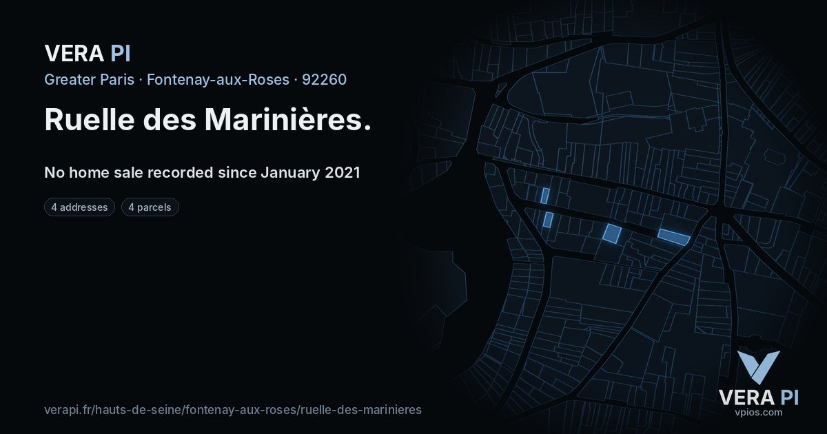 Ruelle des Marinières, Fontenay-aux-Roses at night – every parcel coloured by the prices around it, the street's own parcels lit