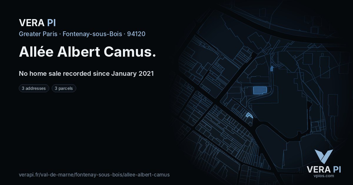 Allée Albert Camus, Fontenay-sous-Bois at night – every parcel coloured by the prices around it, the street's own parcels lit