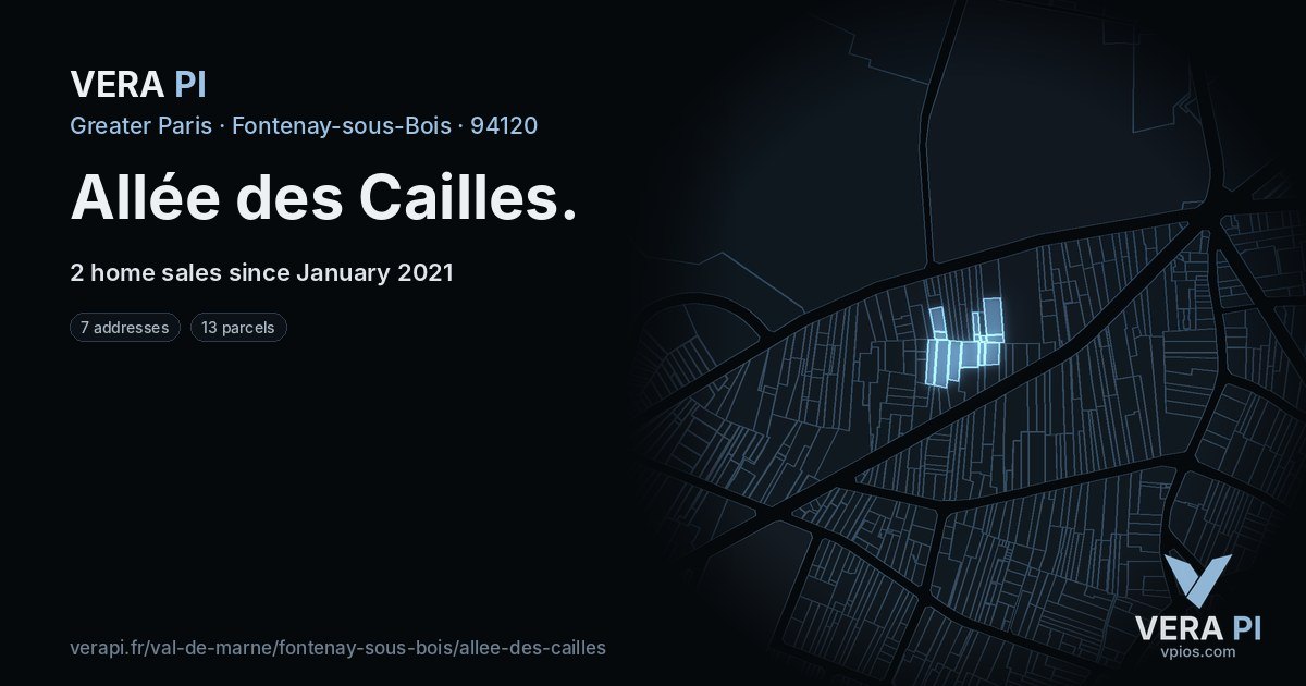Allée des Cailles, Fontenay-sous-Bois at night – every parcel coloured by the prices around it, the street's own parcels lit