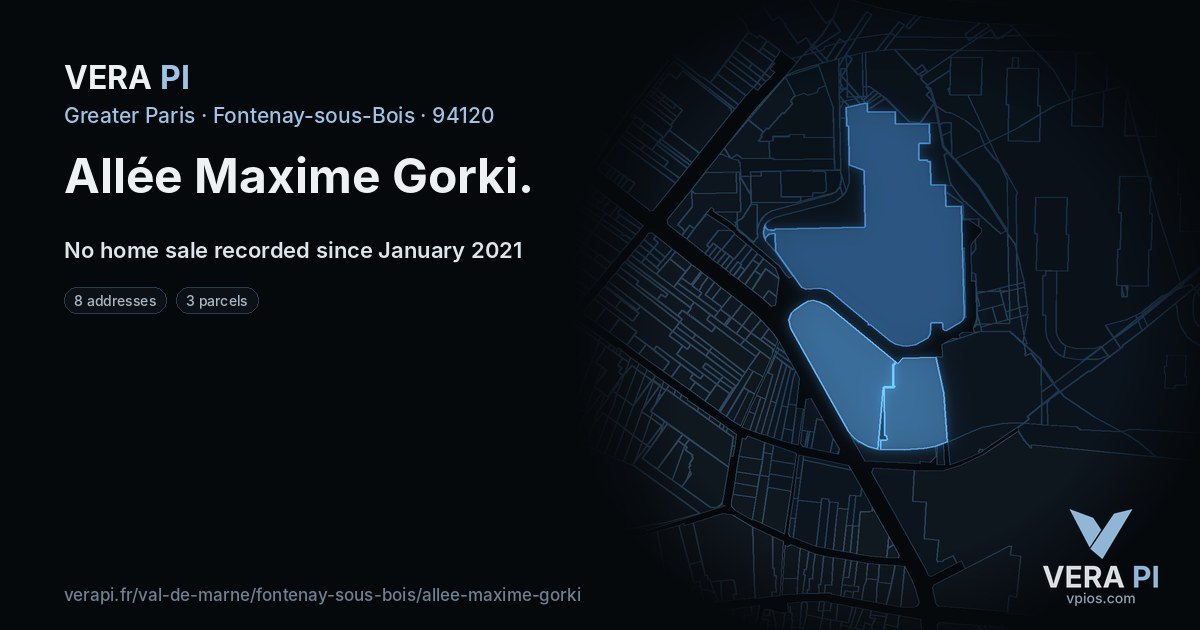 Allée Maxime Gorki, Fontenay-sous-Bois at night – every parcel coloured by the prices around it, the street's own parcels lit