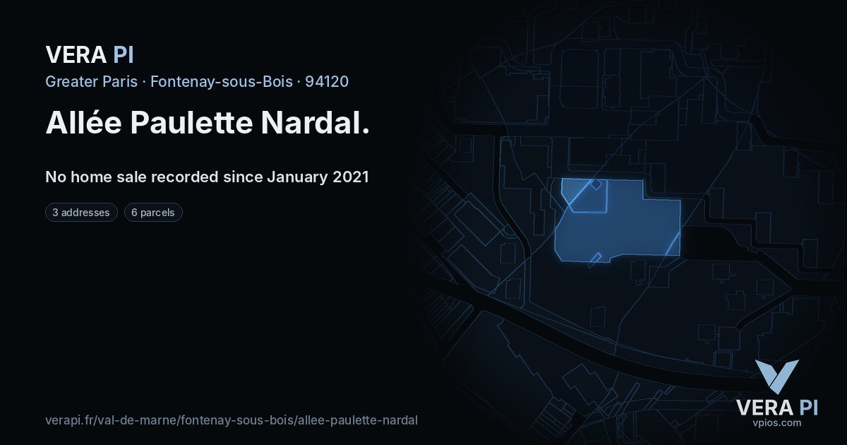 Allée Paulette Nardal, Fontenay-sous-Bois at night – every parcel coloured by the prices around it, the street's own parcels lit