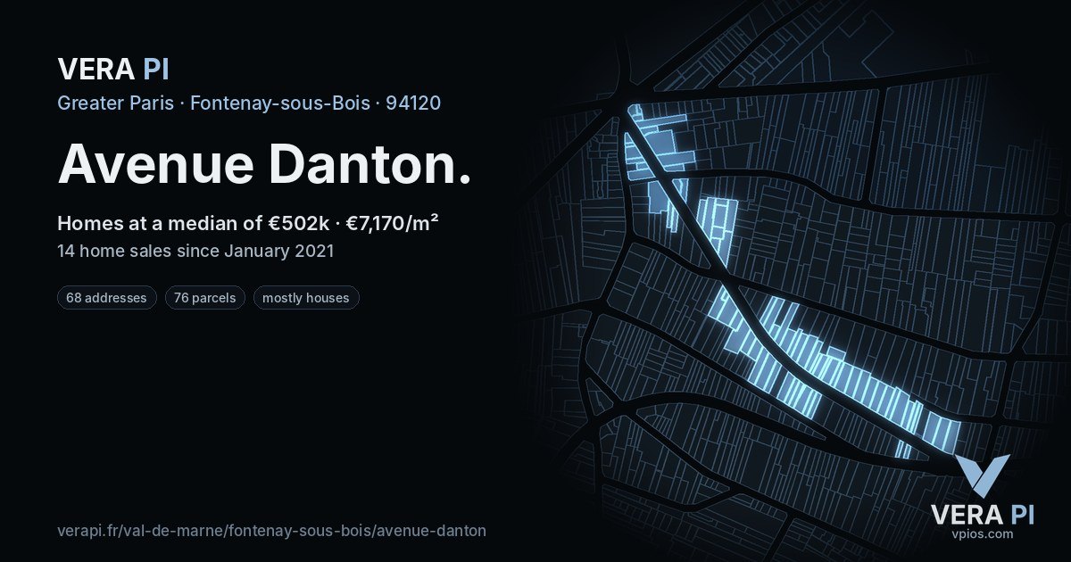 Avenue Danton, Fontenay-sous-Bois at night – every parcel coloured by the prices around it, the street's own parcels lit