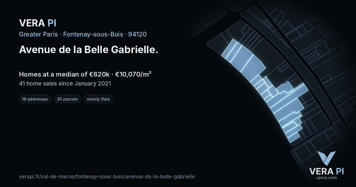 Avenue de la Belle Gabrielle, Fontenay-sous-Bois at night – every parcel coloured by the prices around it, the street's own parcels lit