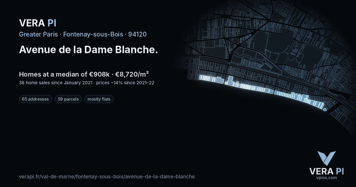 Avenue de la Dame Blanche, Fontenay-sous-Bois at night – every parcel coloured by the prices around it, the street's own parcels lit
