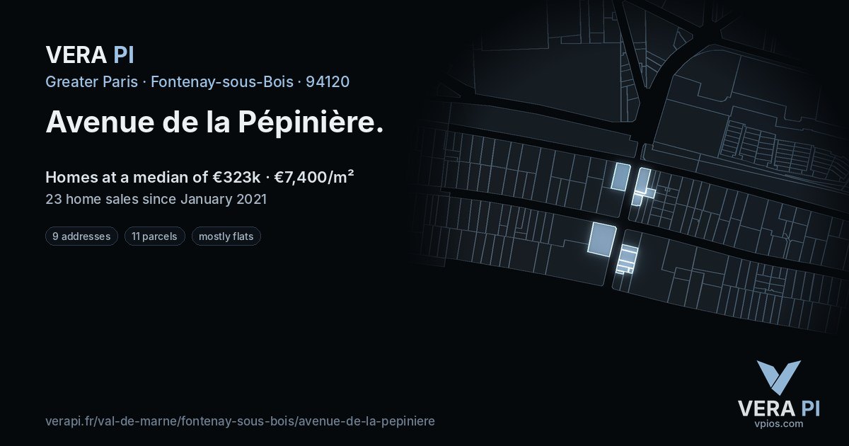 Avenue de la Pépinière, Fontenay-sous-Bois at night – every parcel coloured by the prices around it, the street's own parcels lit