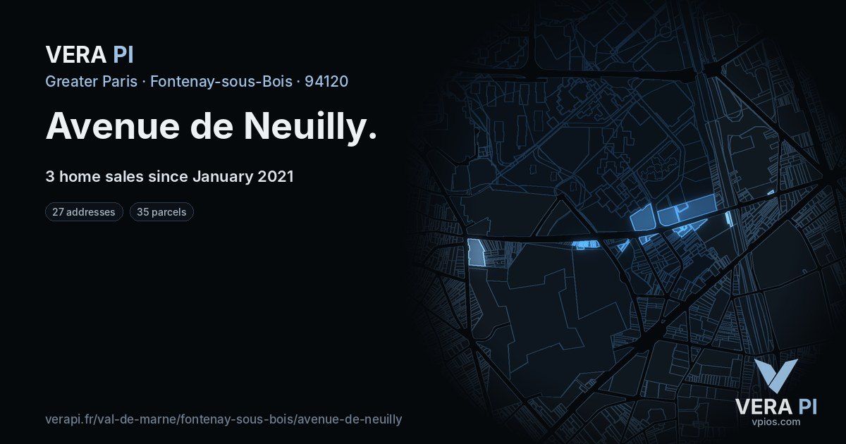 Avenue de Neuilly, Fontenay-sous-Bois at night – every parcel coloured by the prices around it, the street's own parcels lit