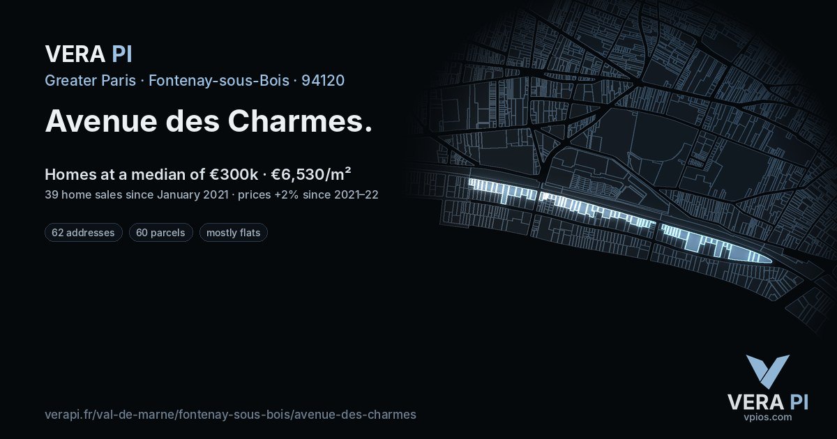 Avenue des Charmes, Fontenay-sous-Bois at night – every parcel coloured by the prices around it, the street's own parcels lit