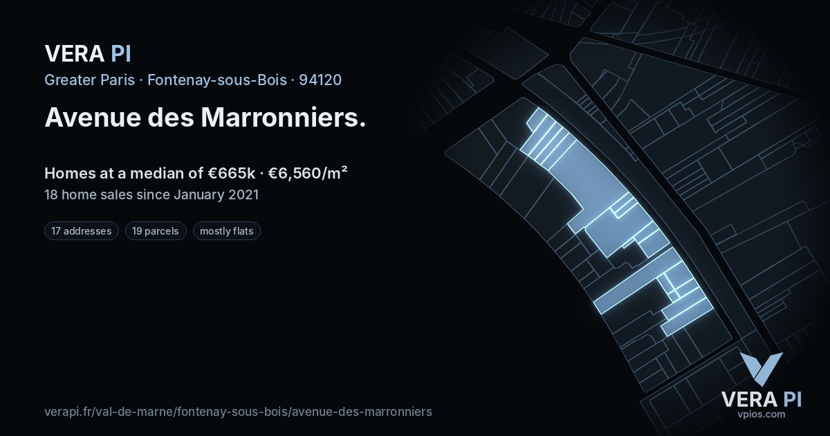 Avenue des Marronniers, Fontenay-sous-Bois at night – every parcel coloured by the prices around it, the street's own parcels lit