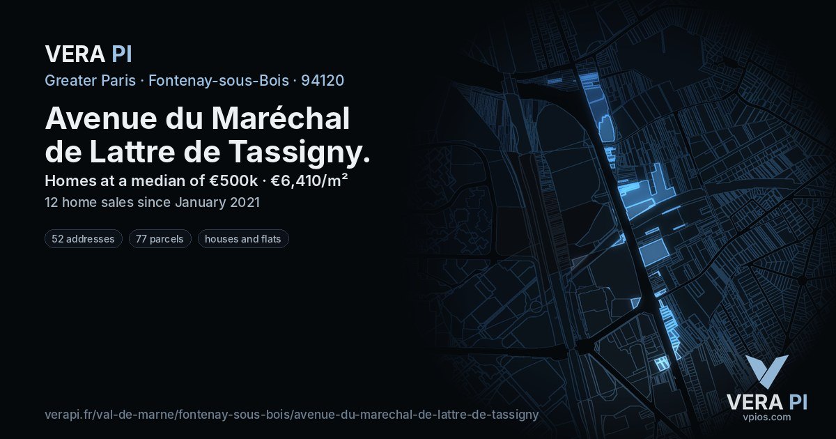 Avenue du Maréchal de Lattre de Tassigny, Fontenay-sous-Bois at night – every parcel coloured by the prices around it, the street's own parcels lit